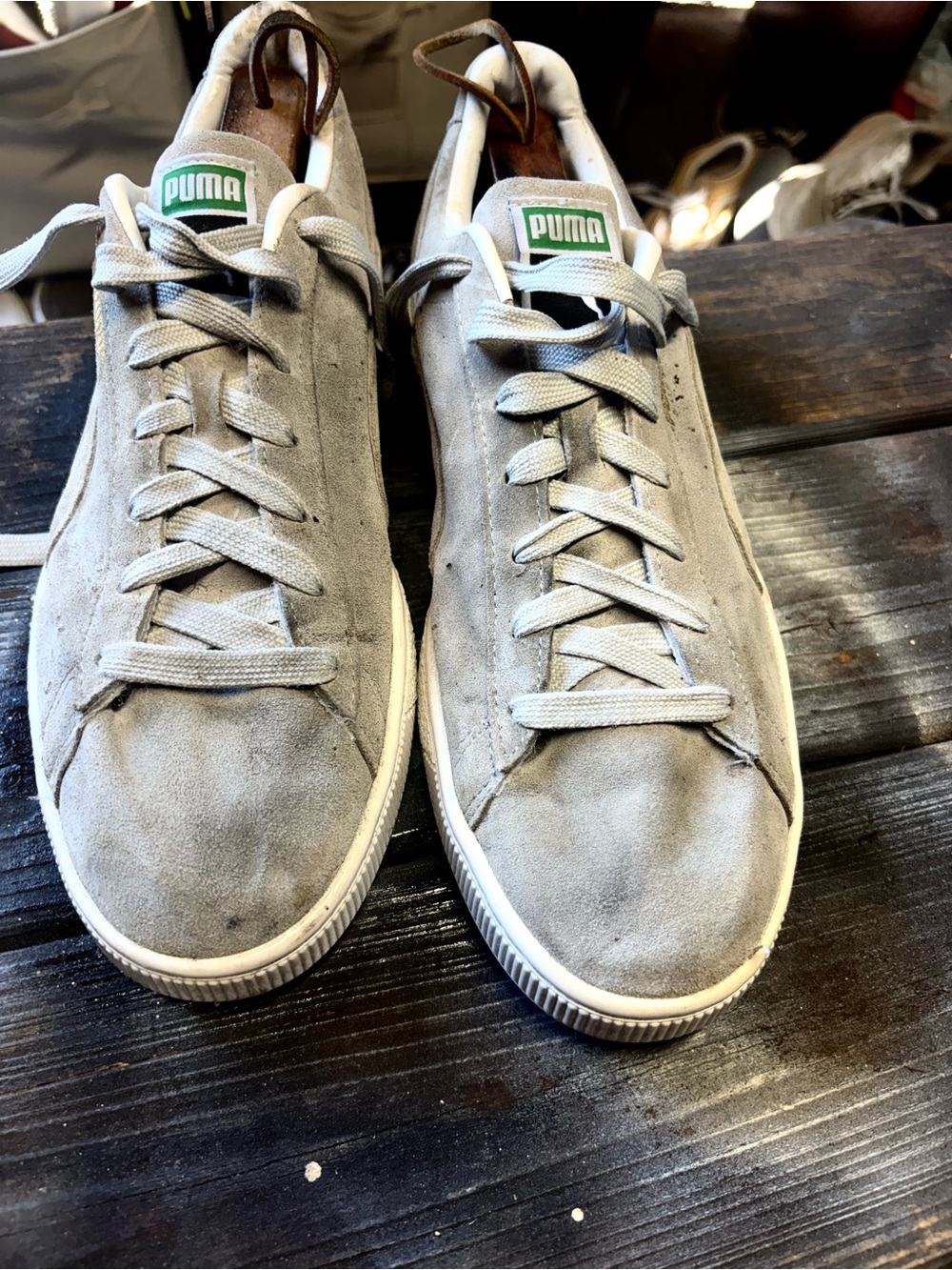 Puma Light Gray Suede Low-Top Sneakers with Green Logo